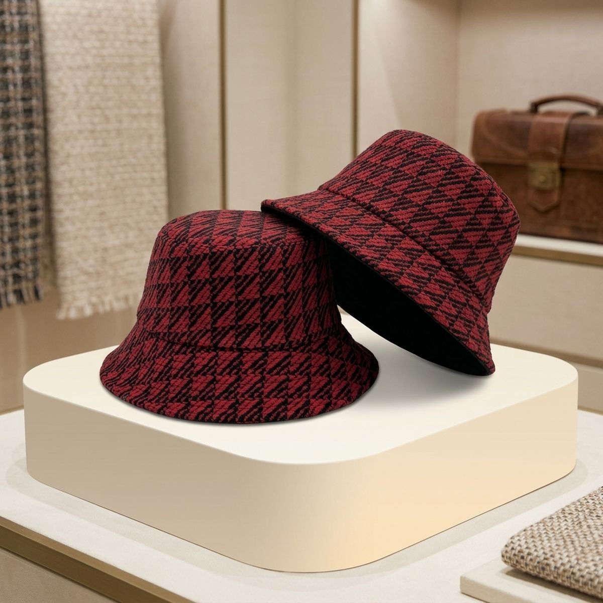 Red Geo Pattern Topstitch Bucket Hat