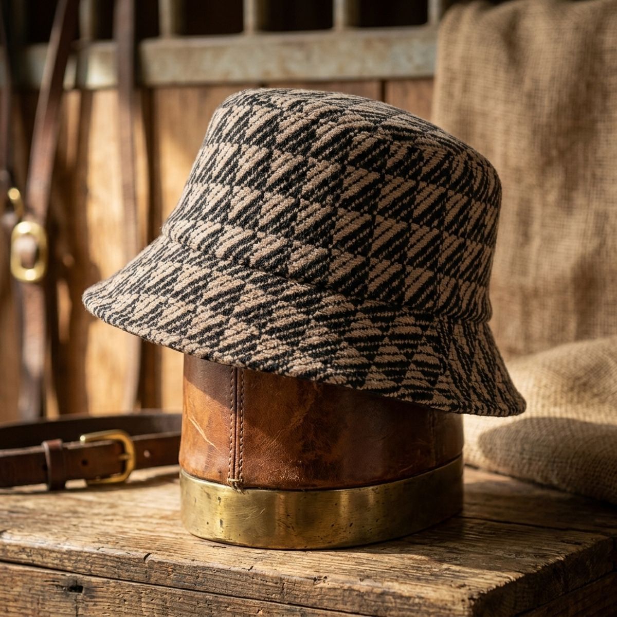 Taupe Geo Pattern Topstitch Bucket Hat
