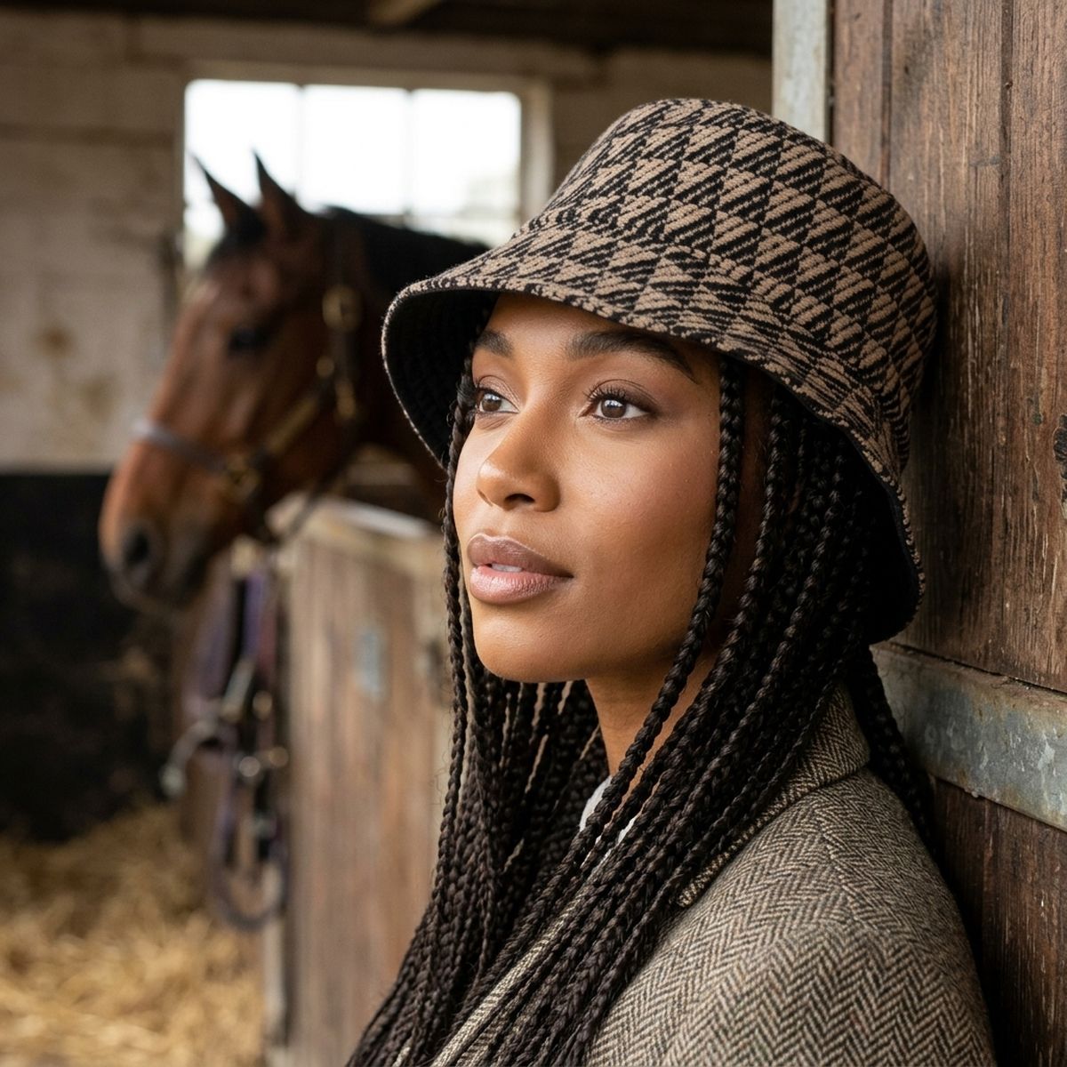 Taupe Geo Pattern Topstitch Bucket Hat