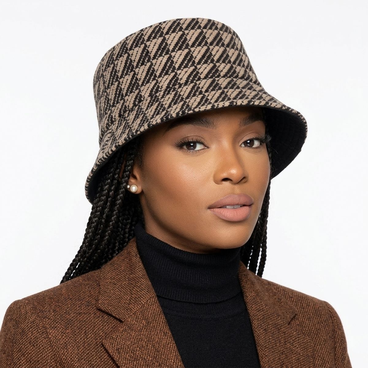Taupe Geo Pattern Topstitch Bucket Hat