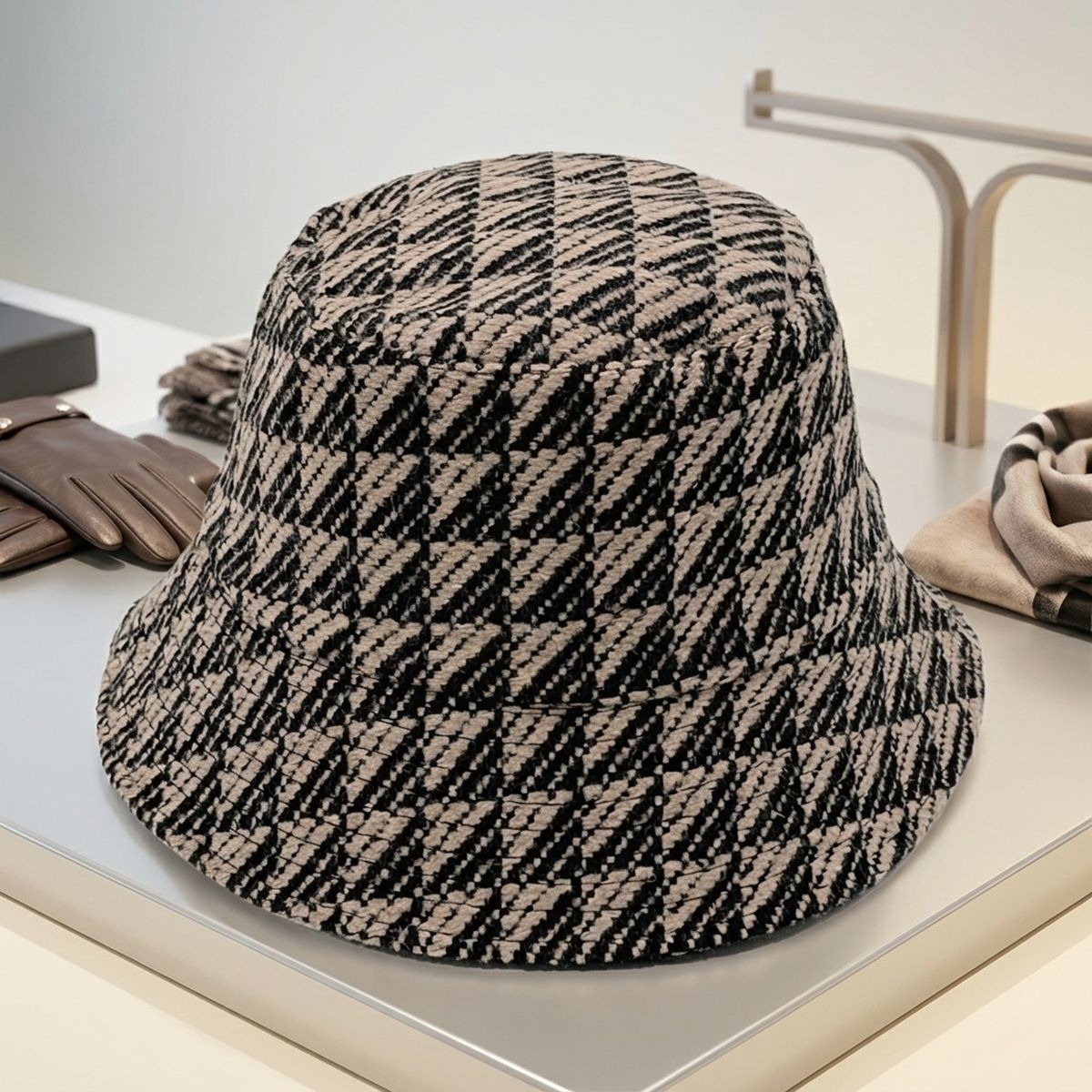 Taupe Geo Pattern Topstitch Bucket Hat