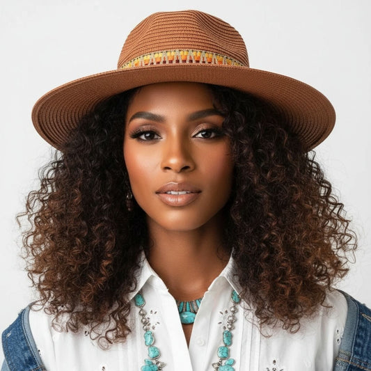 Rust Aztec Band Fedora Panama Hat