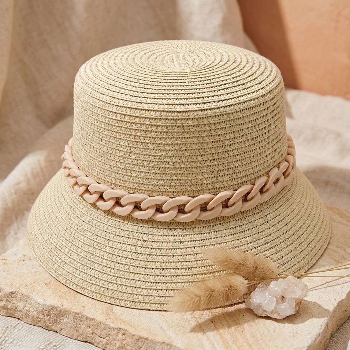 Beige Chain Straw Bucket Hat
