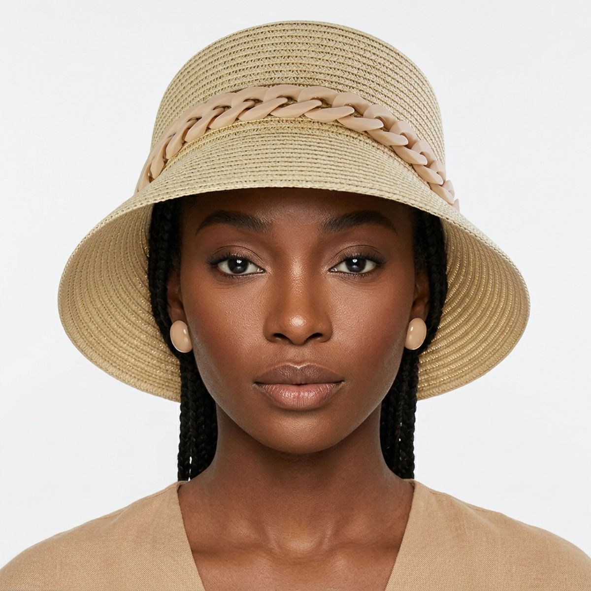 Beige Chain Straw Bucket Hat