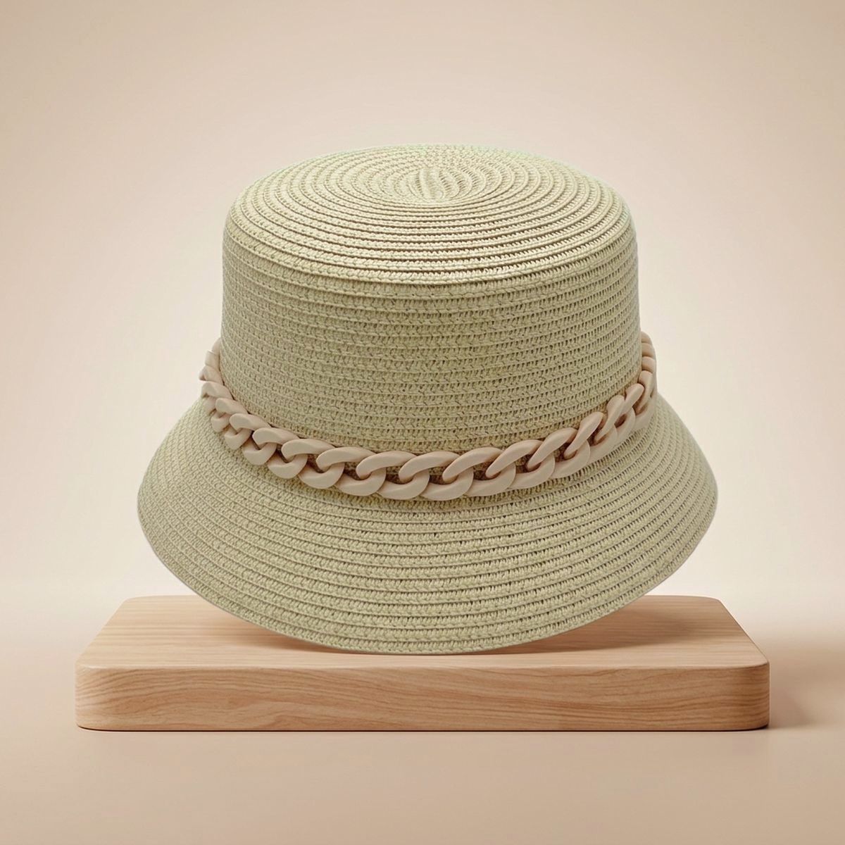 Beige Chain Straw Bucket Hat