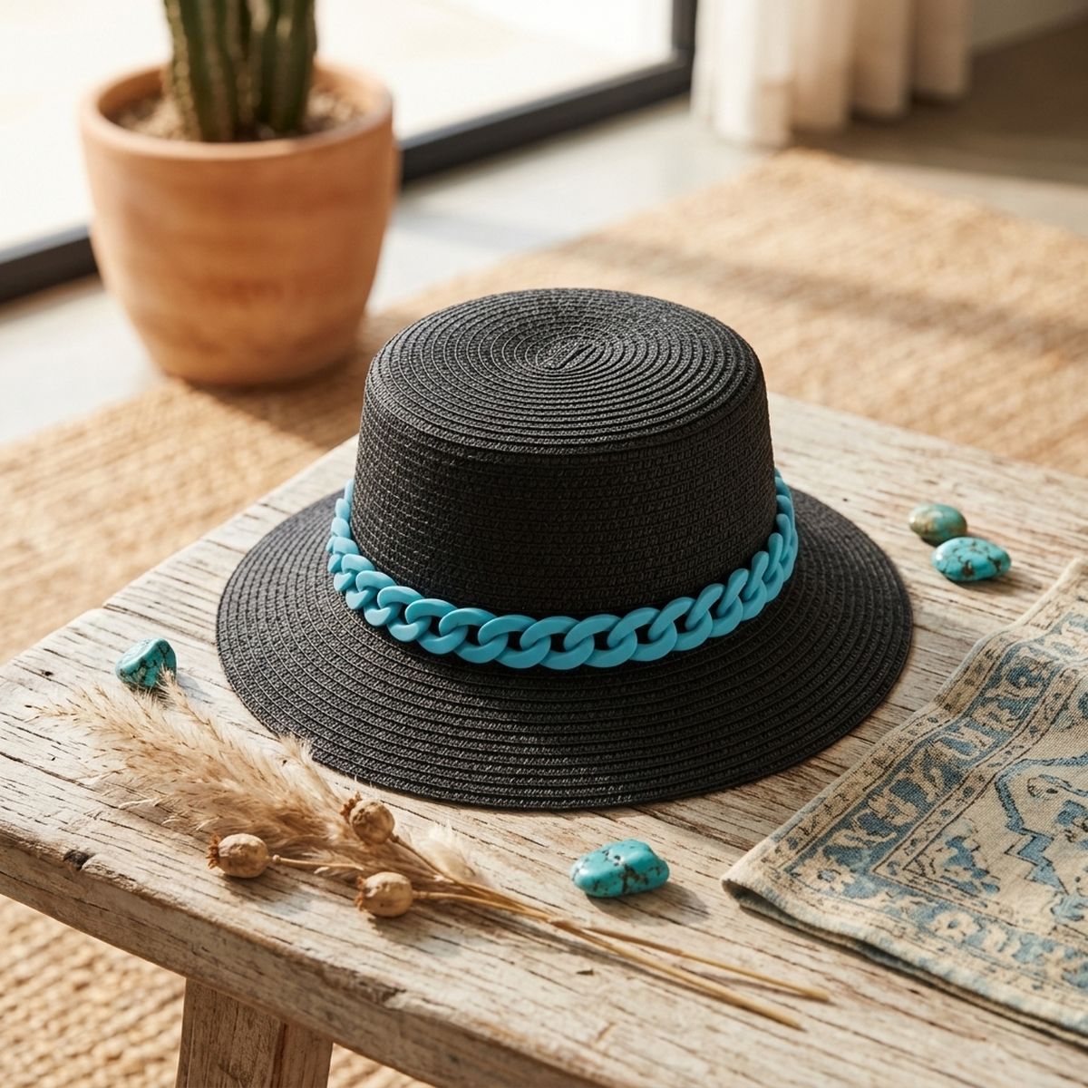 Blue Chain Black Bucket Hat
