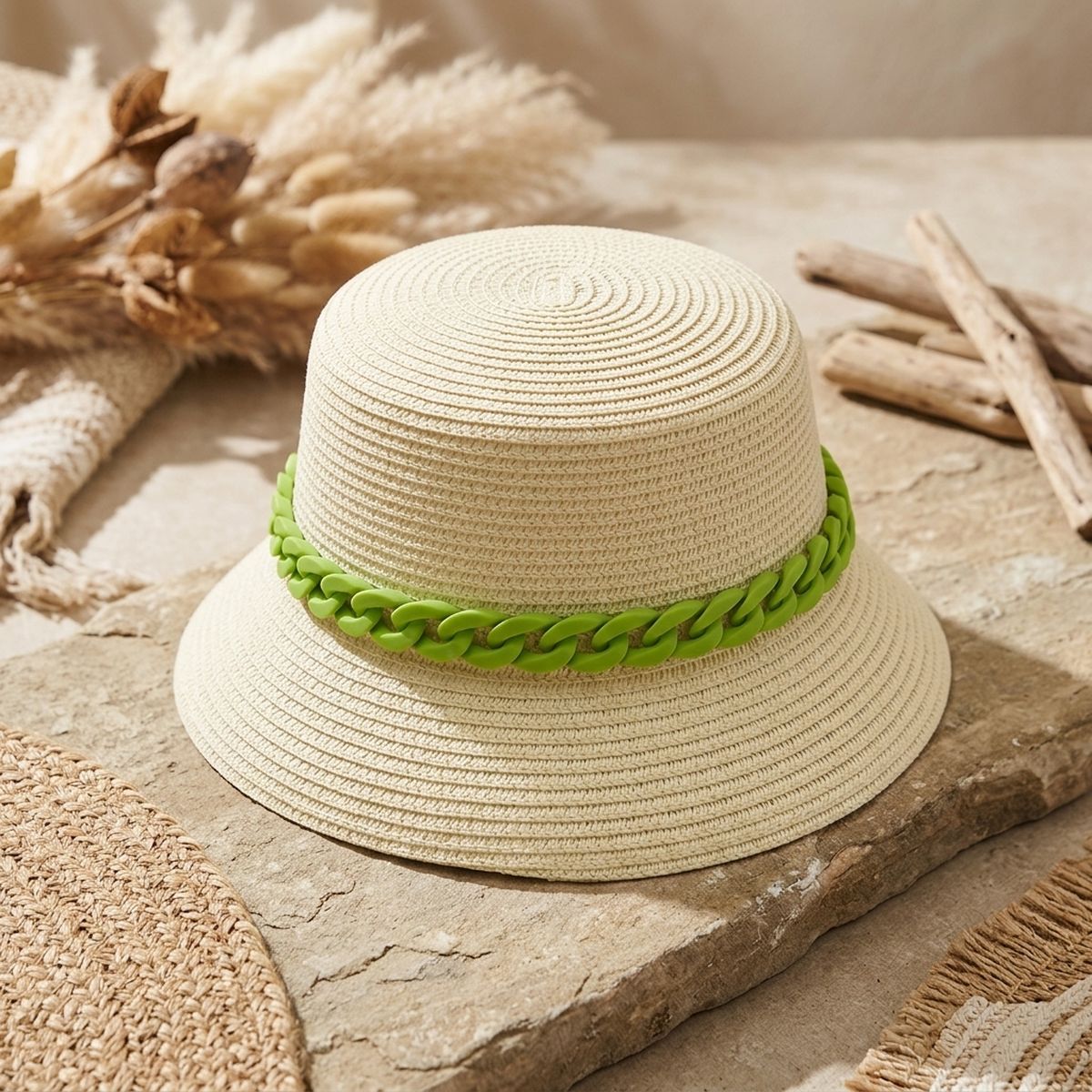 Green Chain Straw Bucket Hat
