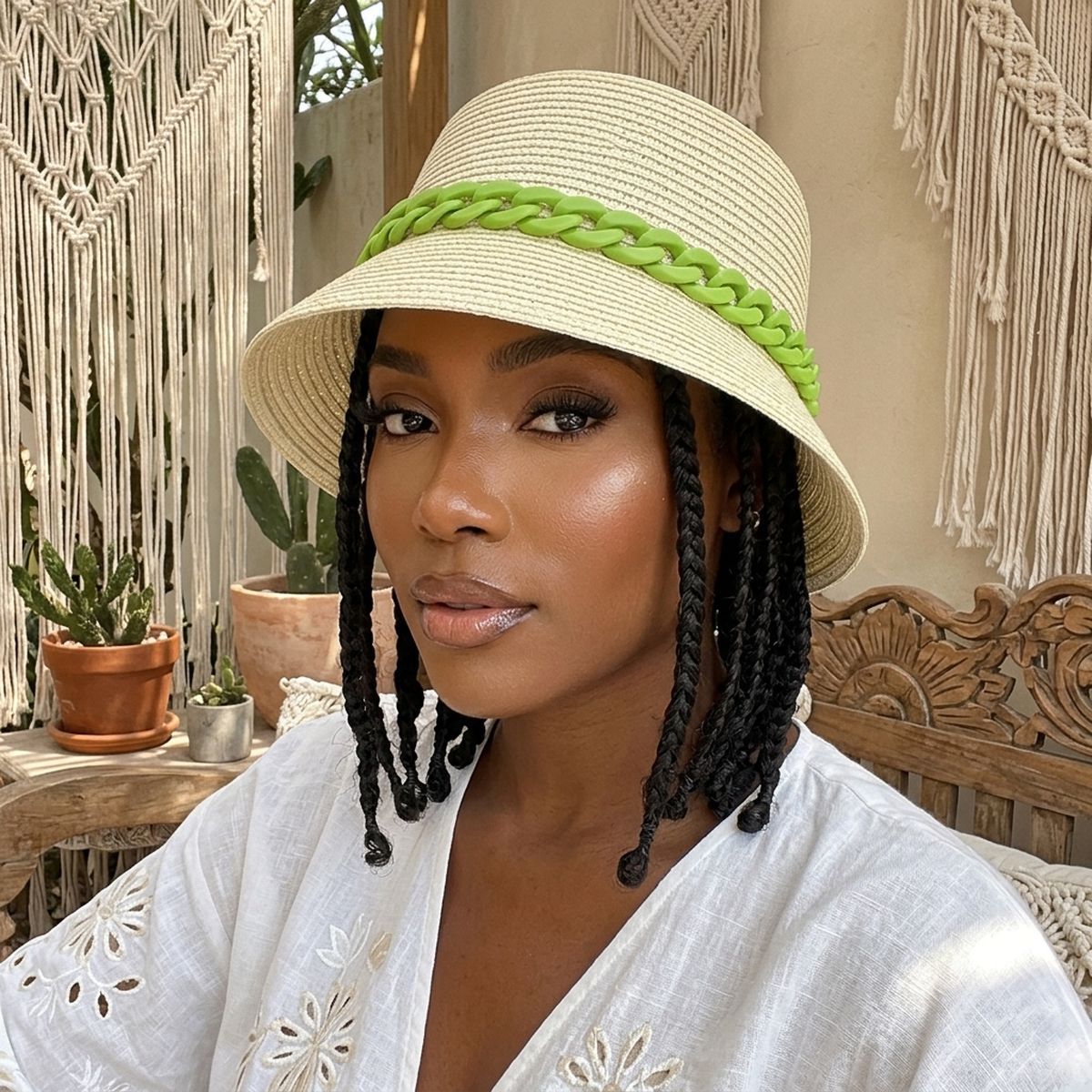Green Chain Straw Bucket Hat