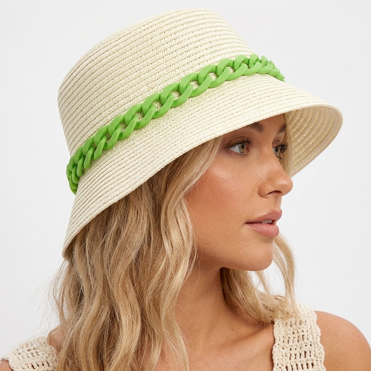 Green Chain Straw Bucket Hat