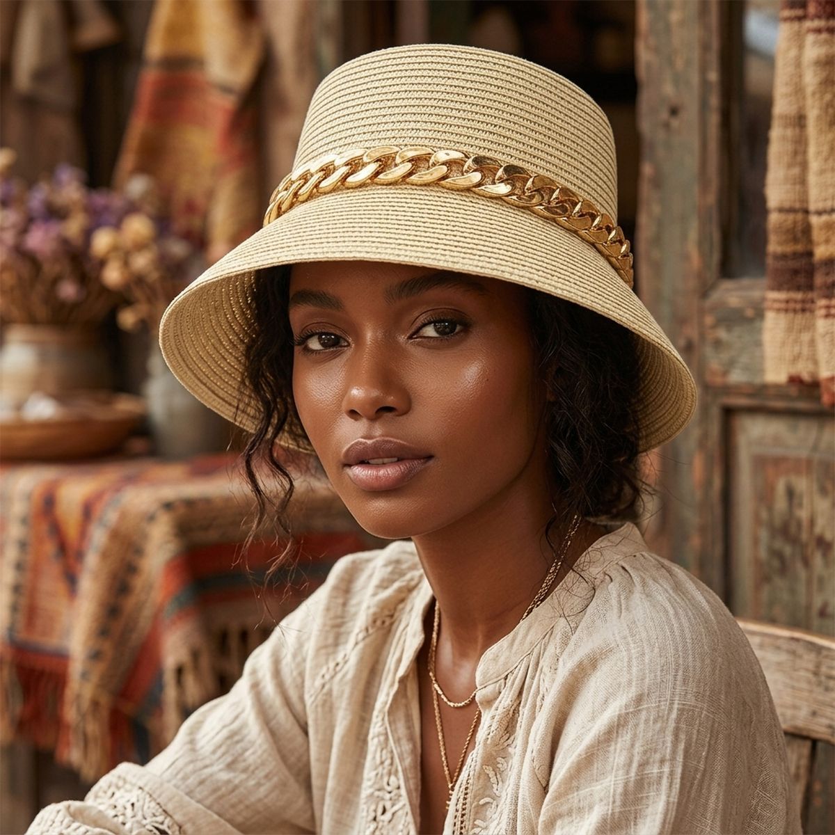 Gold Chain Beige Bucket Hat