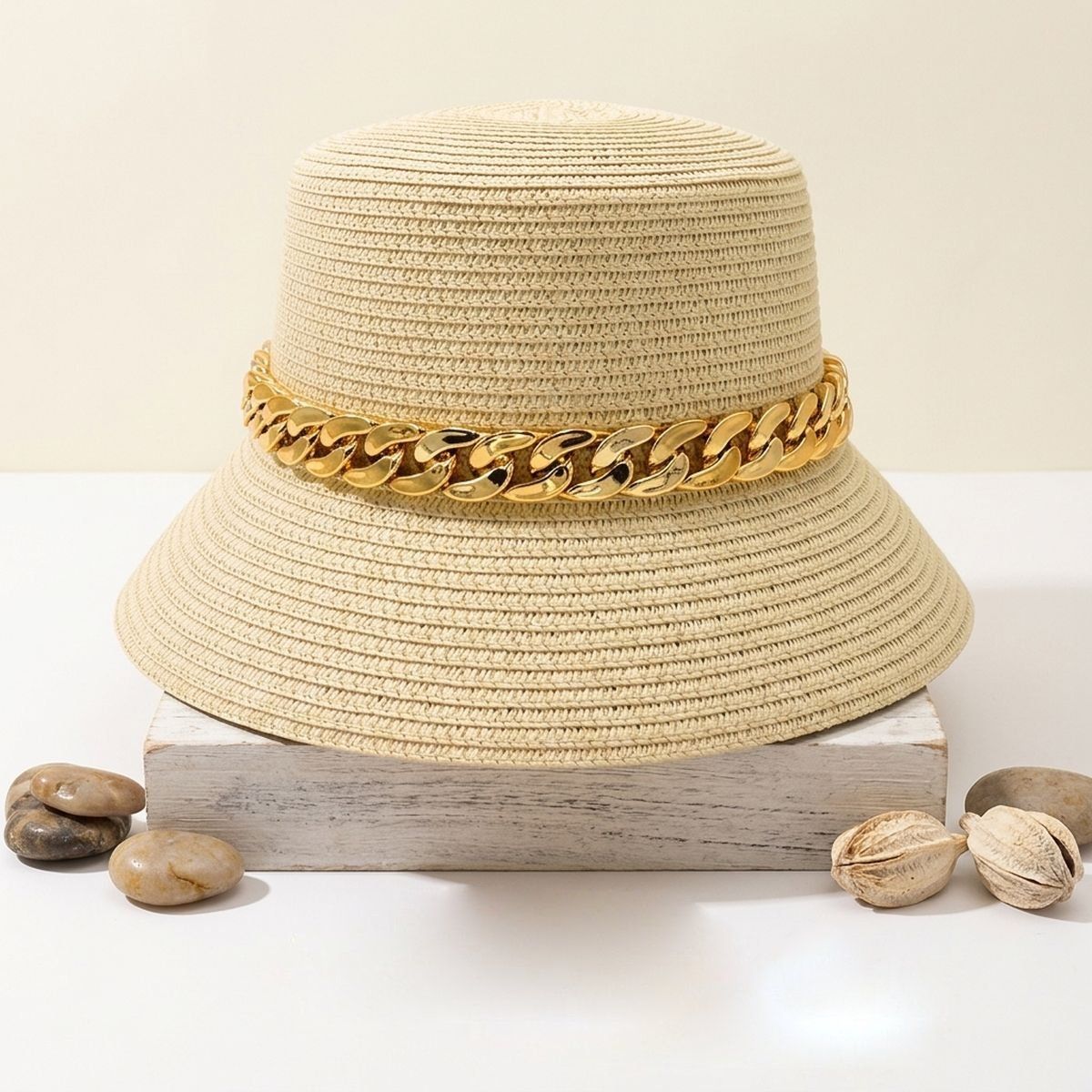Gold Chain Beige Bucket Hat