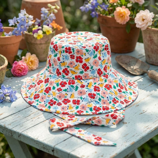 Vintage Red Floral Chin Tie Bucket Hat