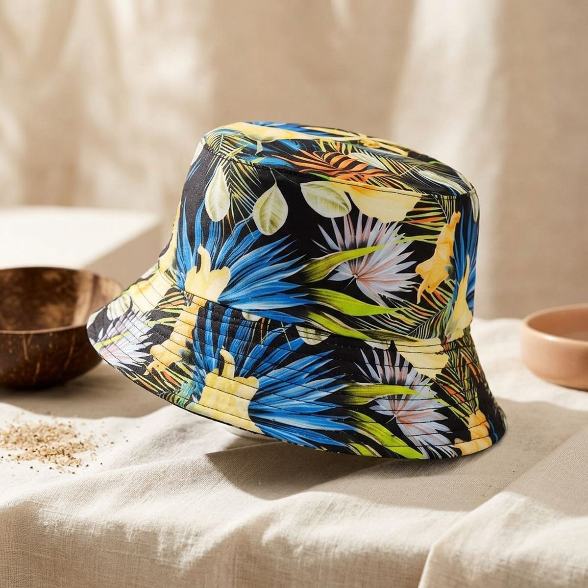 Blue Black Tropical Reversible Bucket Hat