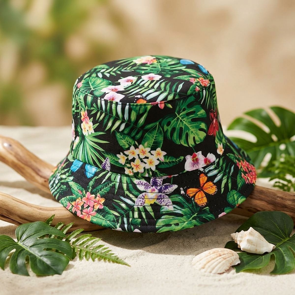 Green Black Tropical Reversible Bucket Hat