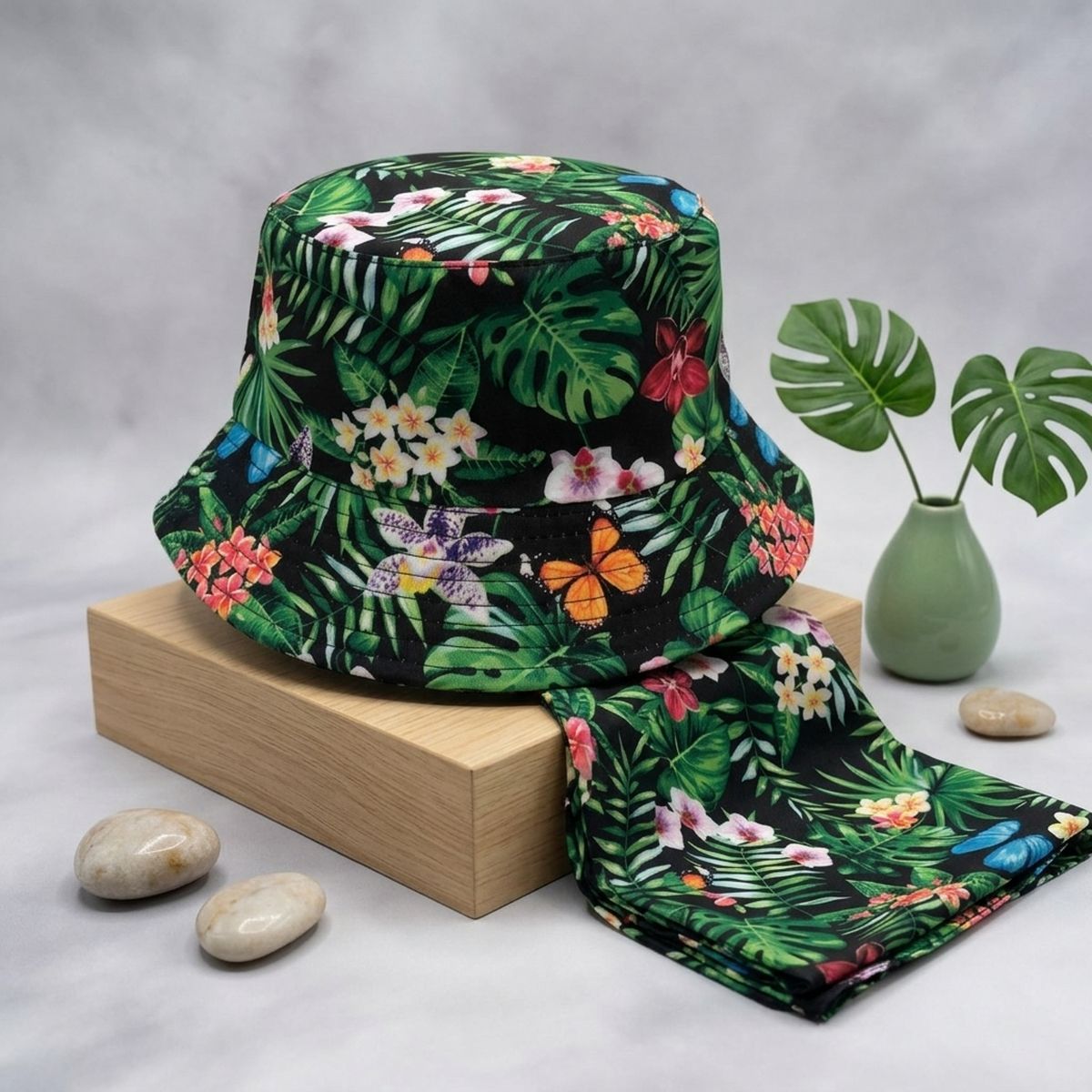 Green Black Tropical Reversible Bucket Hat