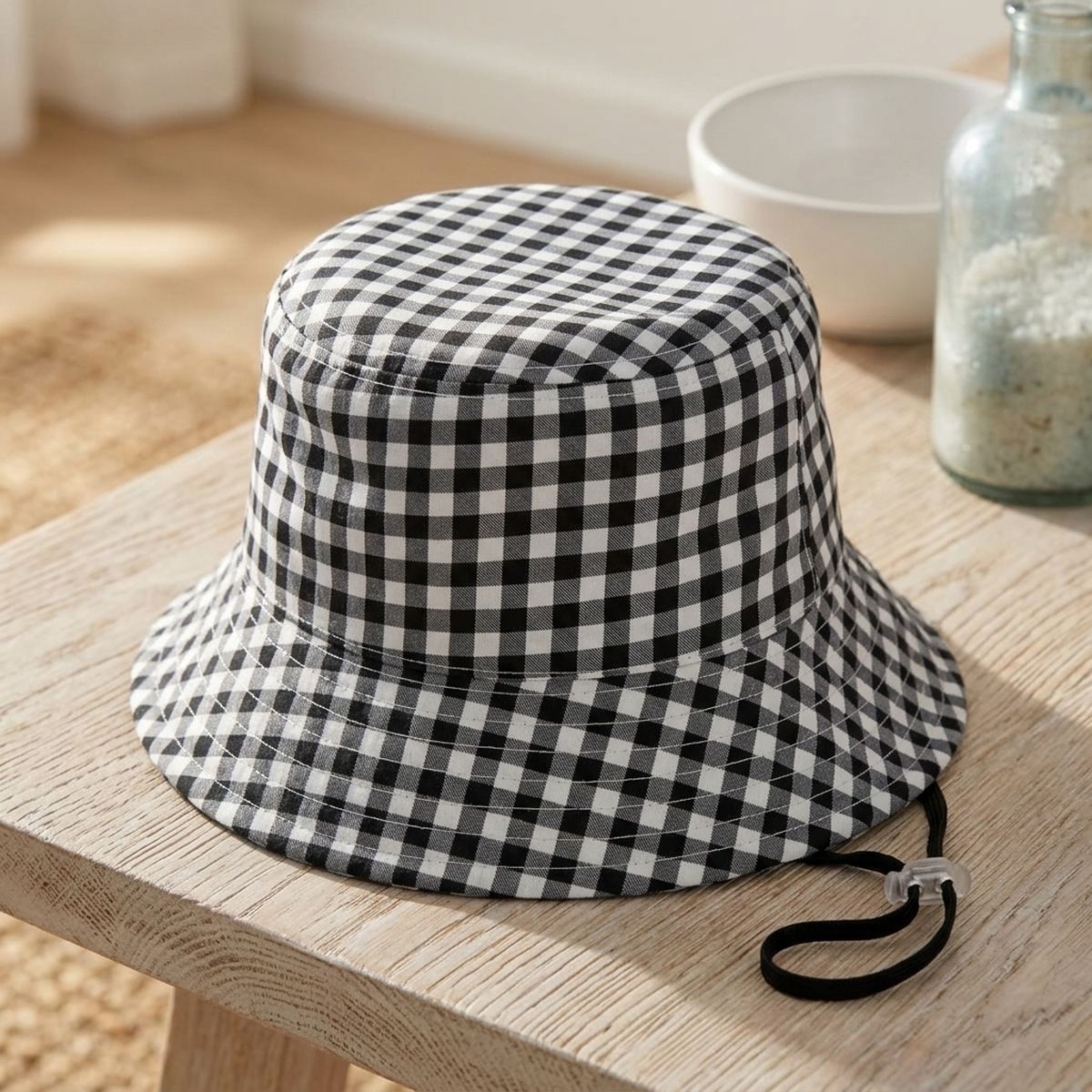 Black Gingham Draw String Bucket Hat
