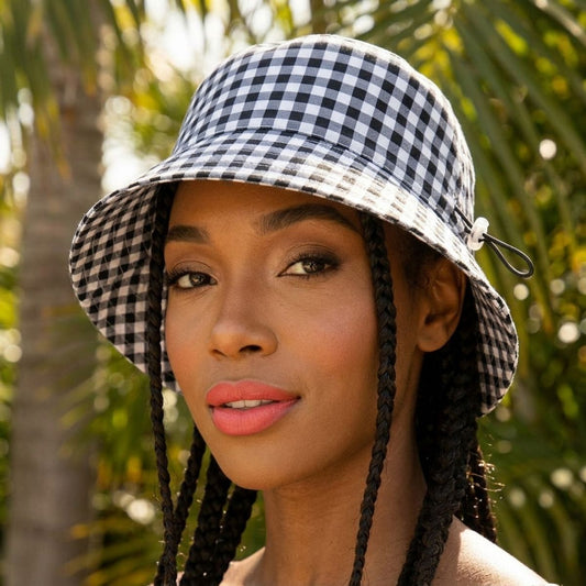Black Gingham Draw String Bucket Hat