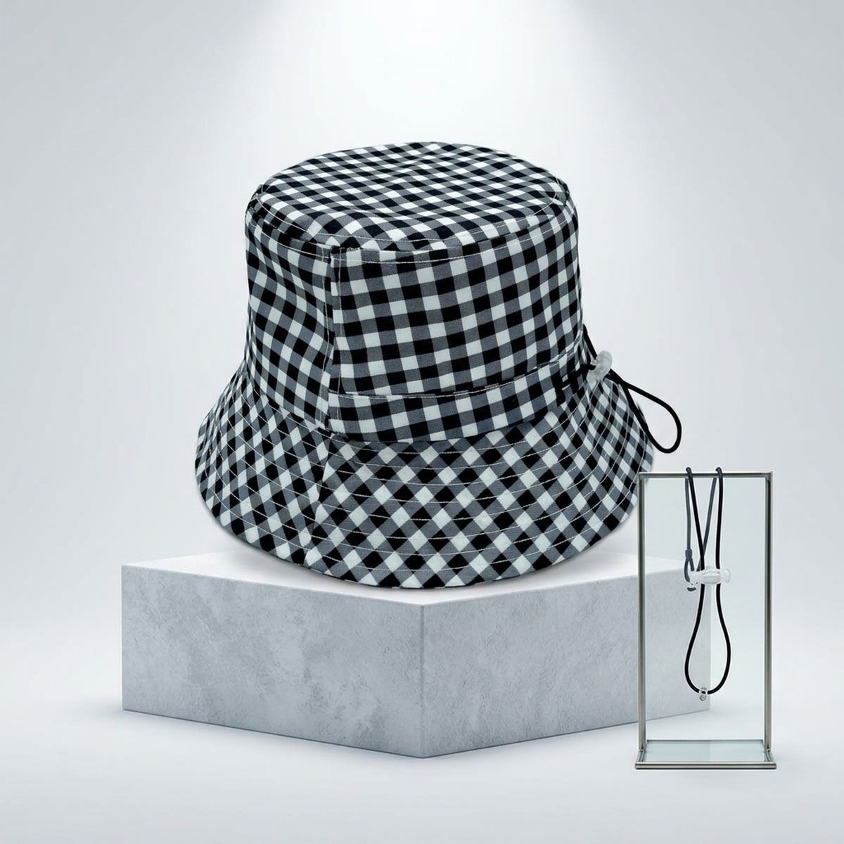 Black Gingham Draw String Bucket Hat