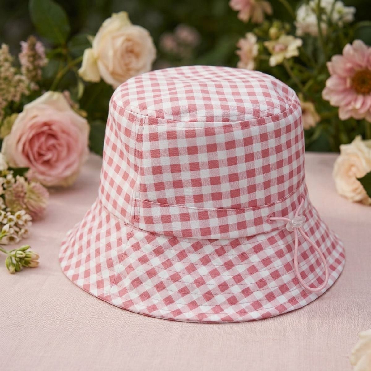 Pink Gingham Draw String Bucket Hat