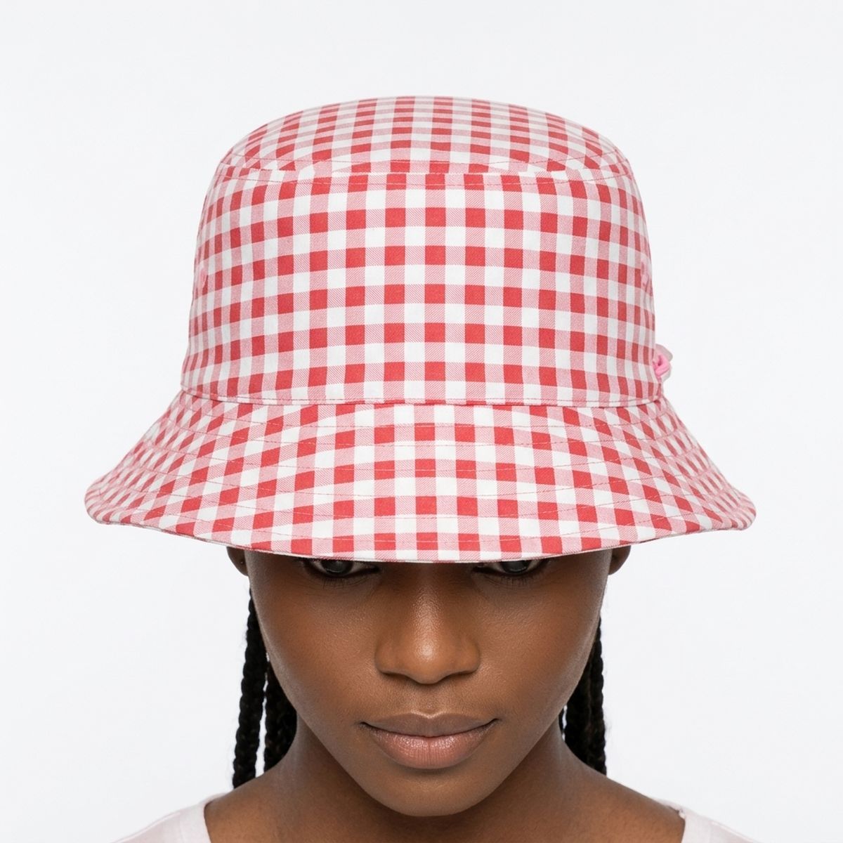 Pink Gingham Draw String Bucket Hat