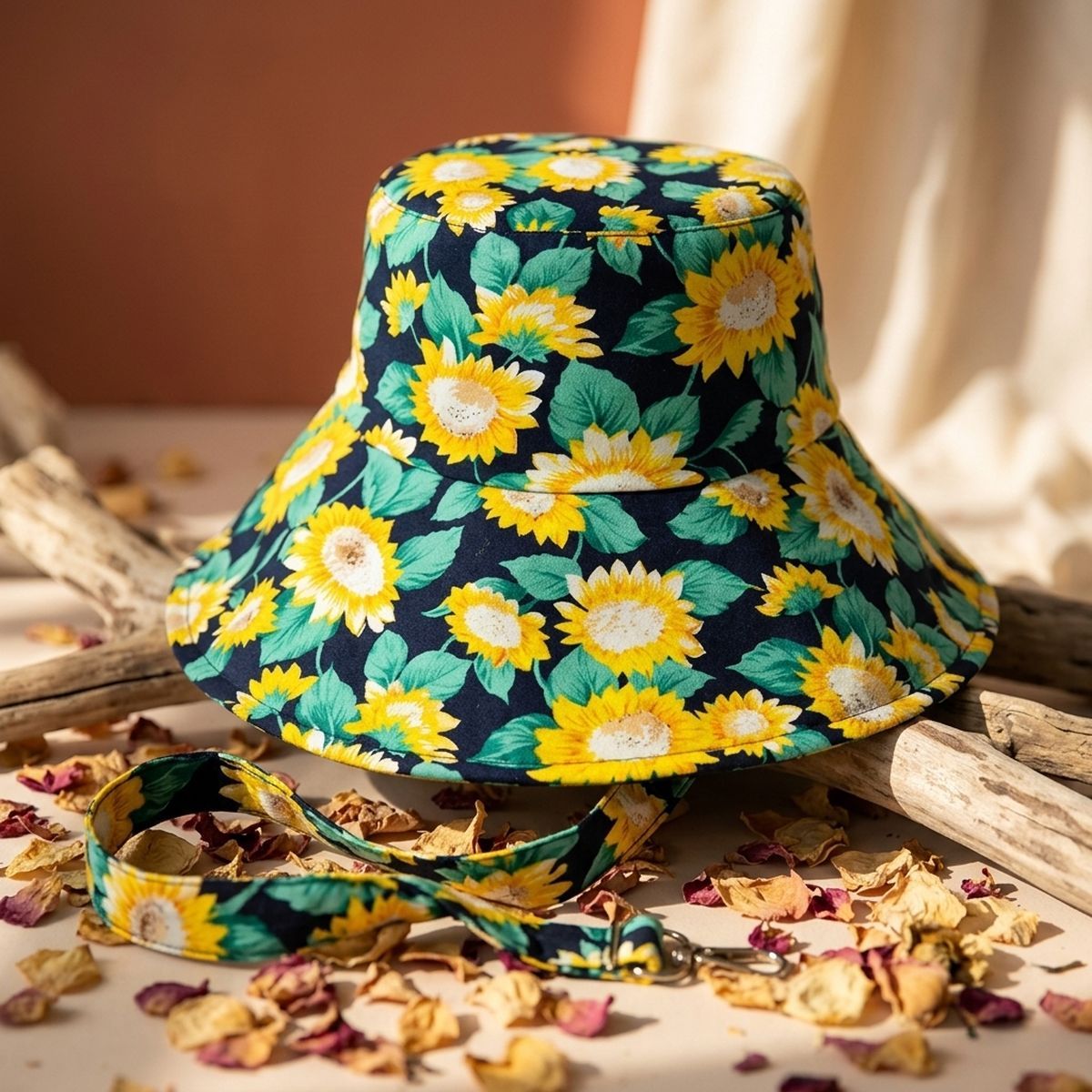 Navy Sunflower Chin Tie Bucket Hat