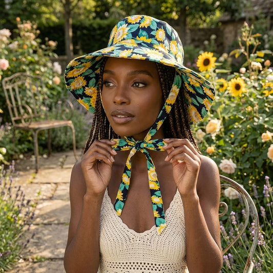 Navy Sunflower Chin Tie Bucket Hat