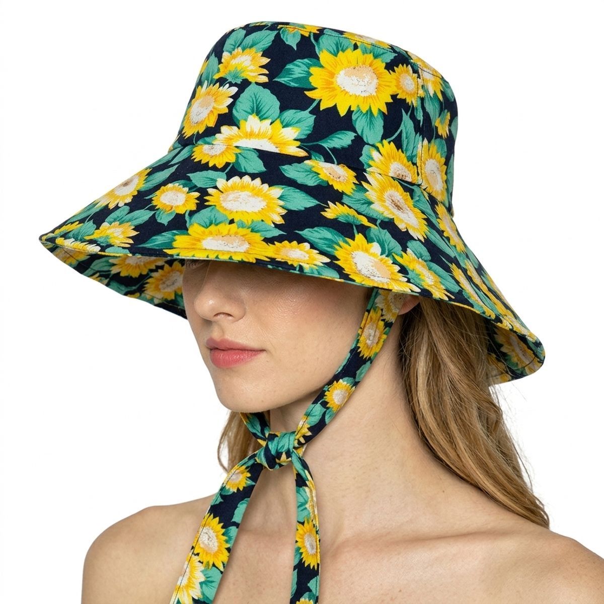 Navy Sunflower Chin Tie Bucket Hat