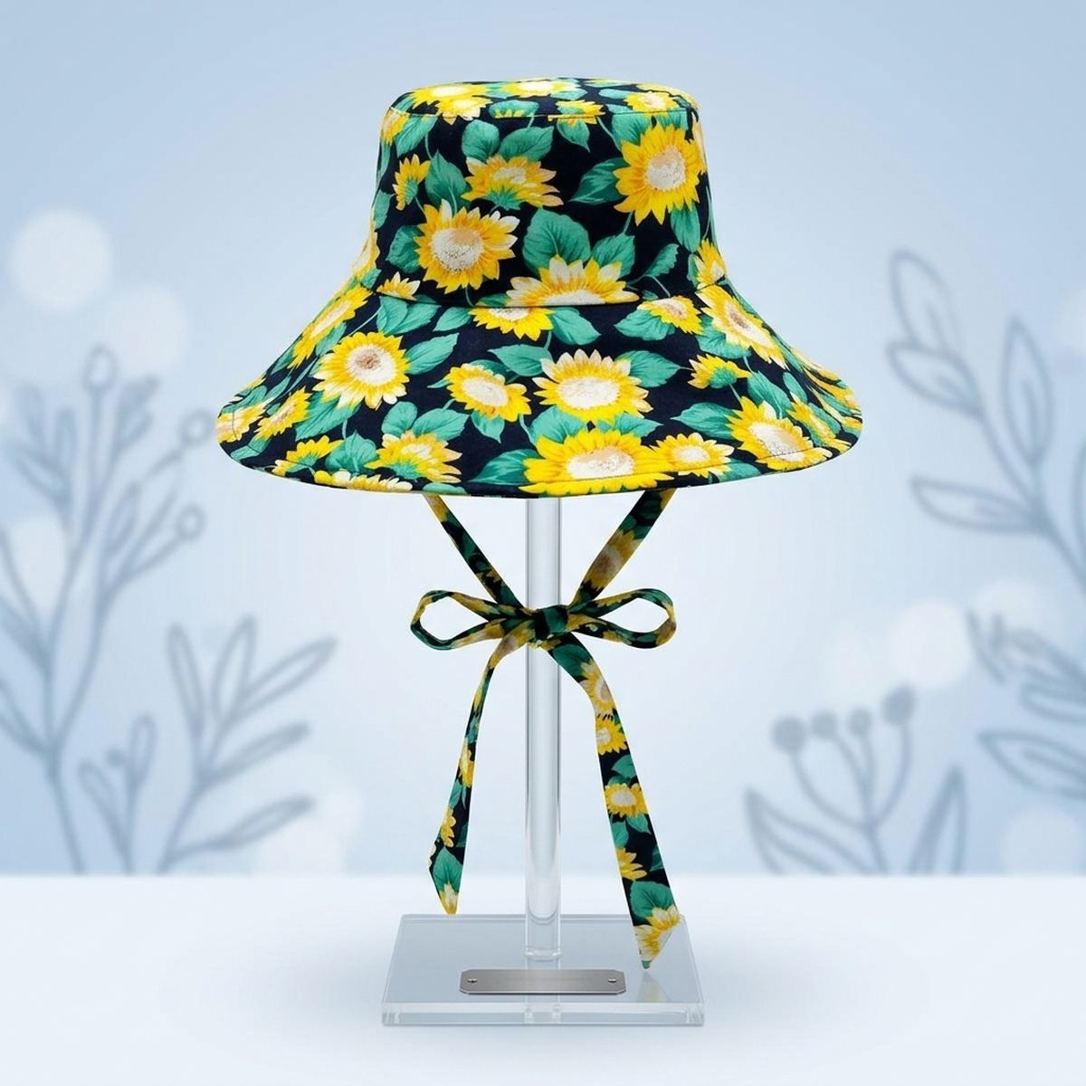 Navy Sunflower Chin Tie Bucket Hat