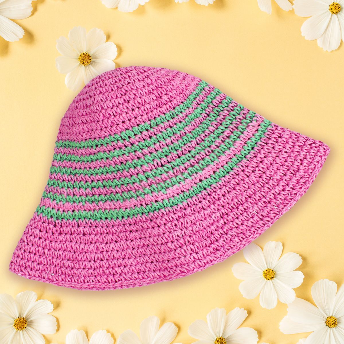 Bucket Hat Pink Green Multi Stripe Straw for Women - Premium Wholesale Fashion Accessories from Pinktown - Just $23! Shop now at chiquestyles