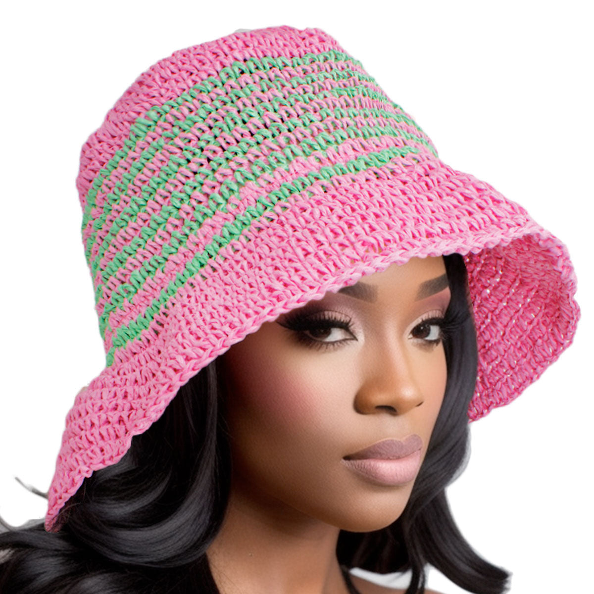 Bucket Hat Pink Green Multi Stripe Straw for Women - Premium Wholesale Fashion Accessories from Pinktown - Just $23! Shop now at chiquestyles