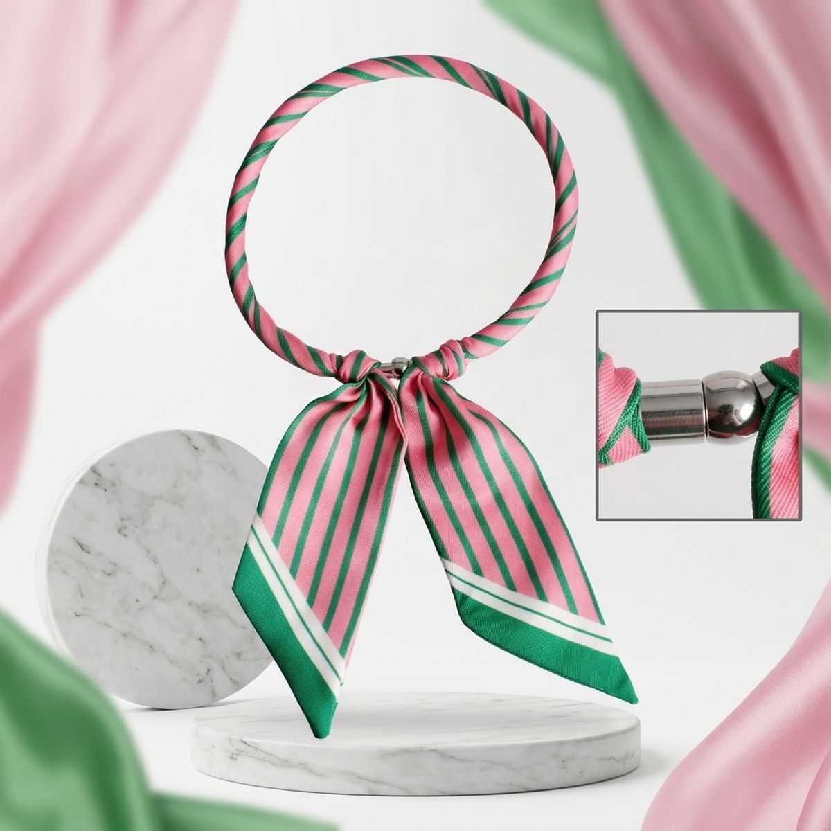 AKA Pink Green Stripe Scarf Magnet Choker Necklace