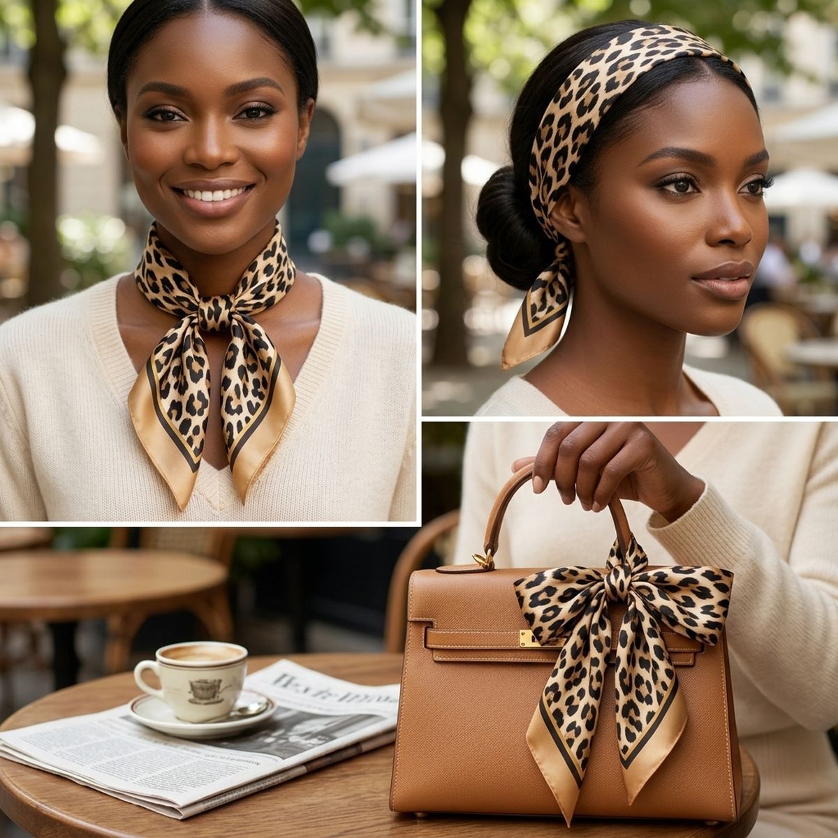 Silky Square Brown Leopard Tan Edge Fashion Scarf
