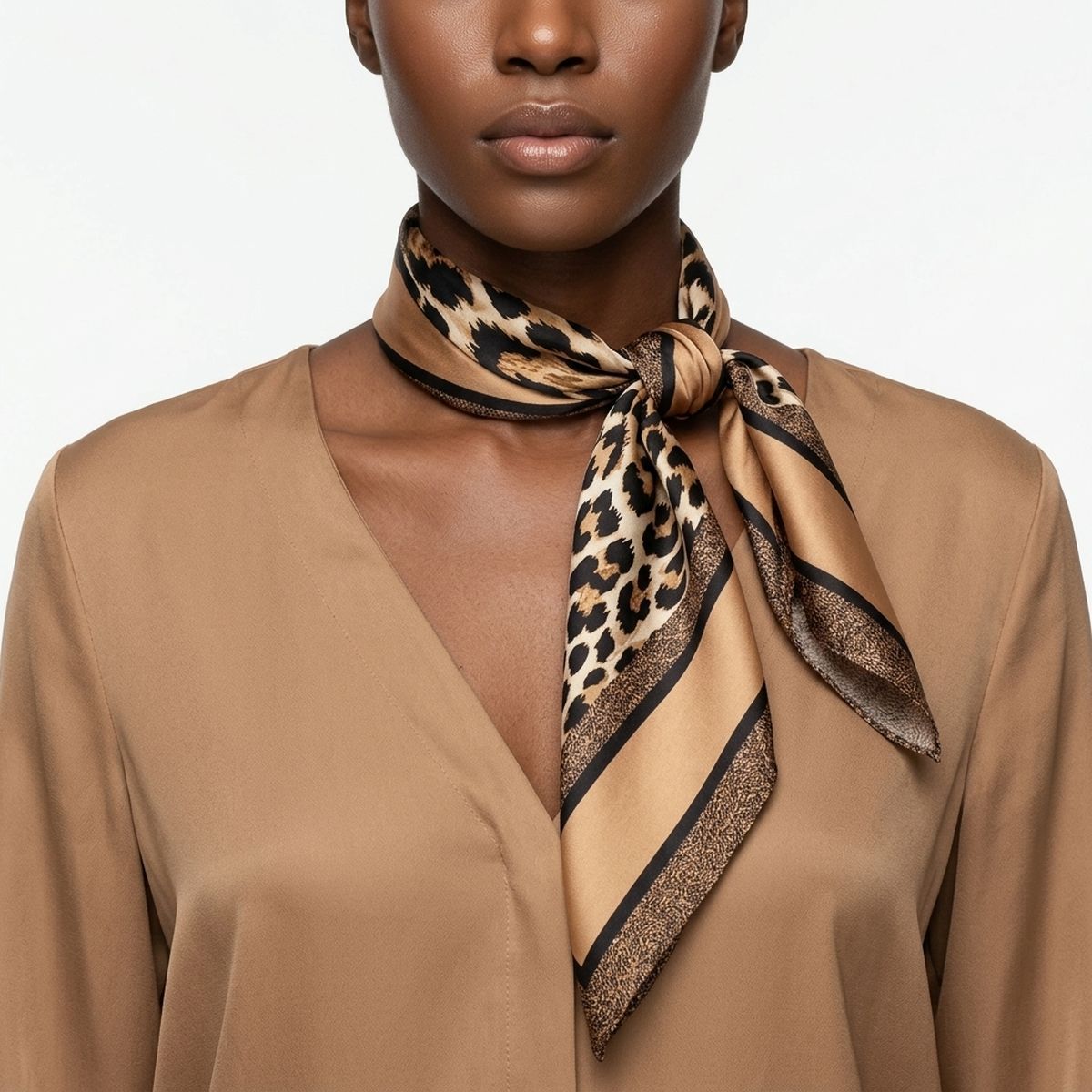 Silky Square Brown Leopard Tan Edge Fashion Scarf