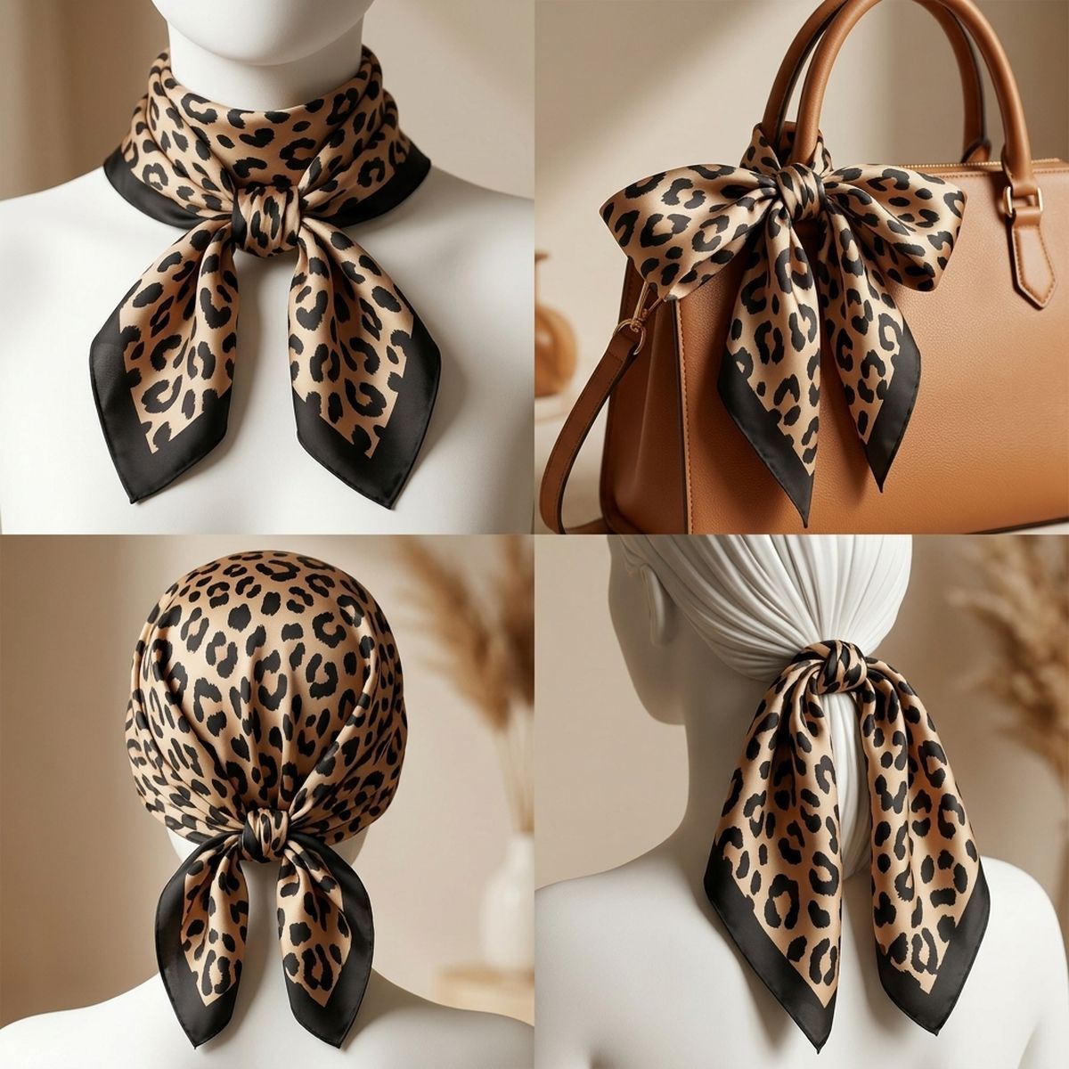 Silky Square Brown and Black Leopard Fashion Scarf