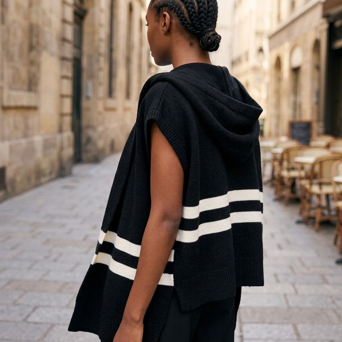 Black Hooded Knit Tied Shoulder Sweater
