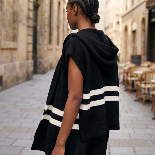 Black Hooded Knit Tied Shoulder Sweater