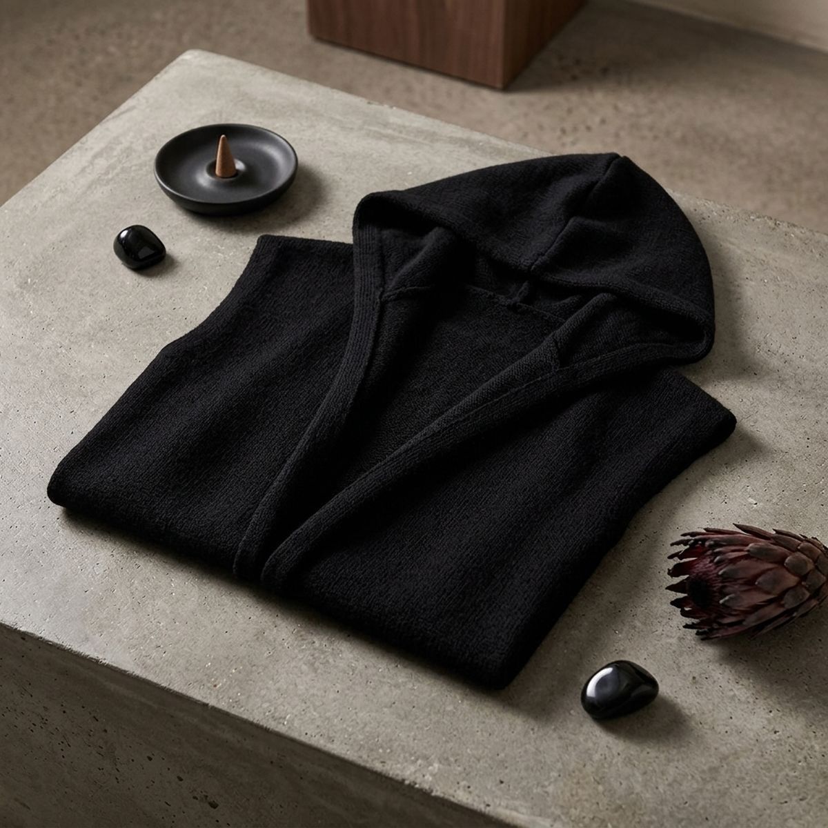 Black Hooded Knit Tied Shoulder Sweater