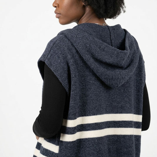 Blue Hooded Knit Tied Shoulder Sweater