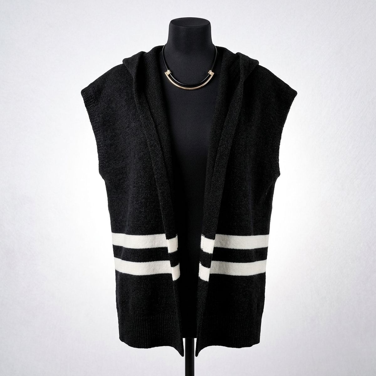 Black Hooded Knit Tied Shoulder Sweater