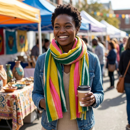 Yellow Striped Knit Scarf Women
