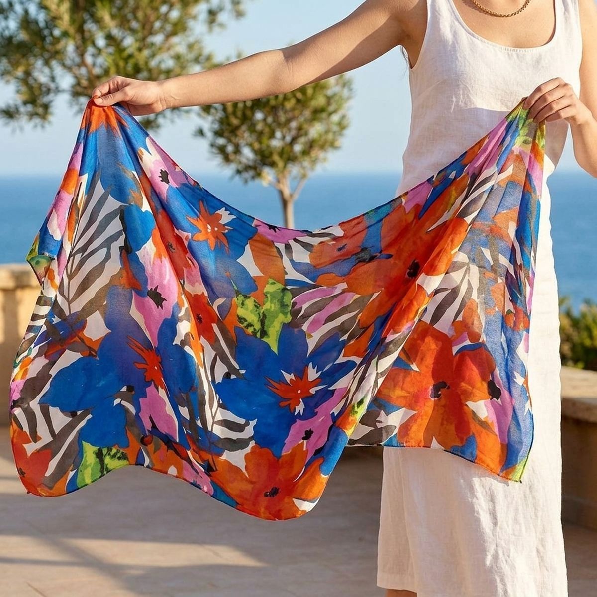 Long Blue Watercolor Floral Scarf