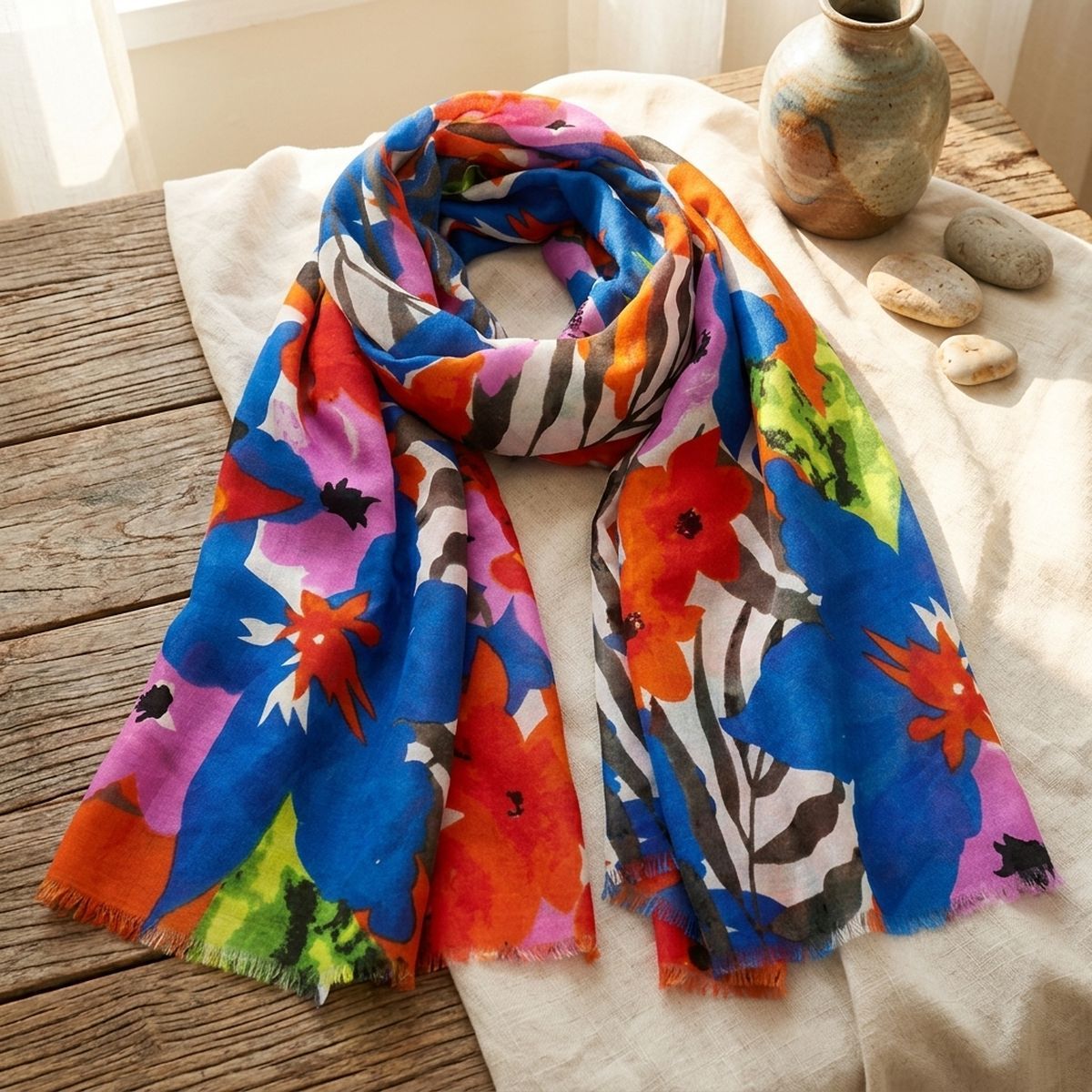 Long Blue Watercolor Floral Scarf