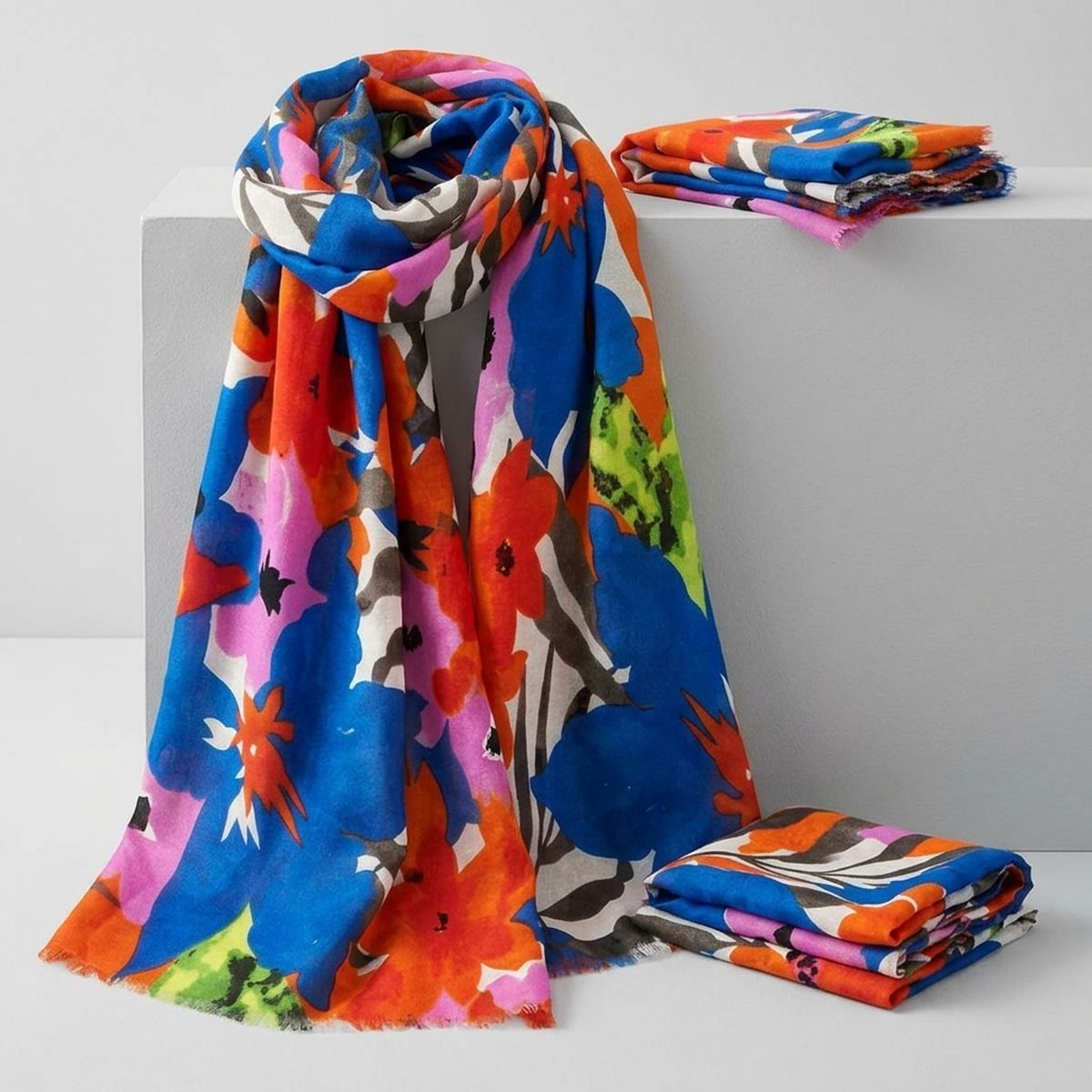 Long Blue Watercolor Floral Scarf