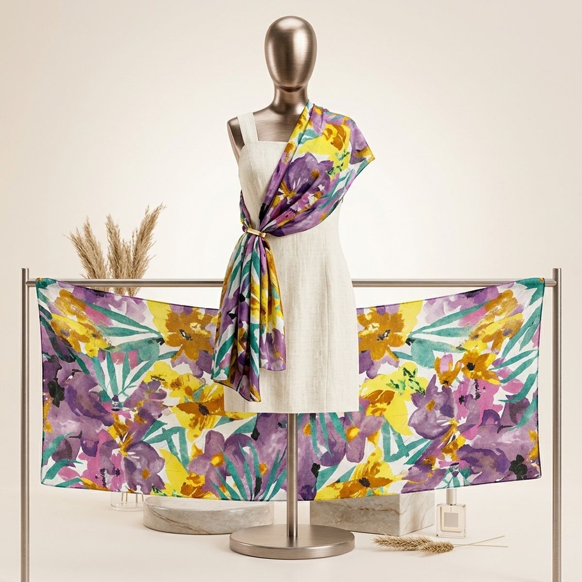 Long Purple Watercolor Floral Scarf