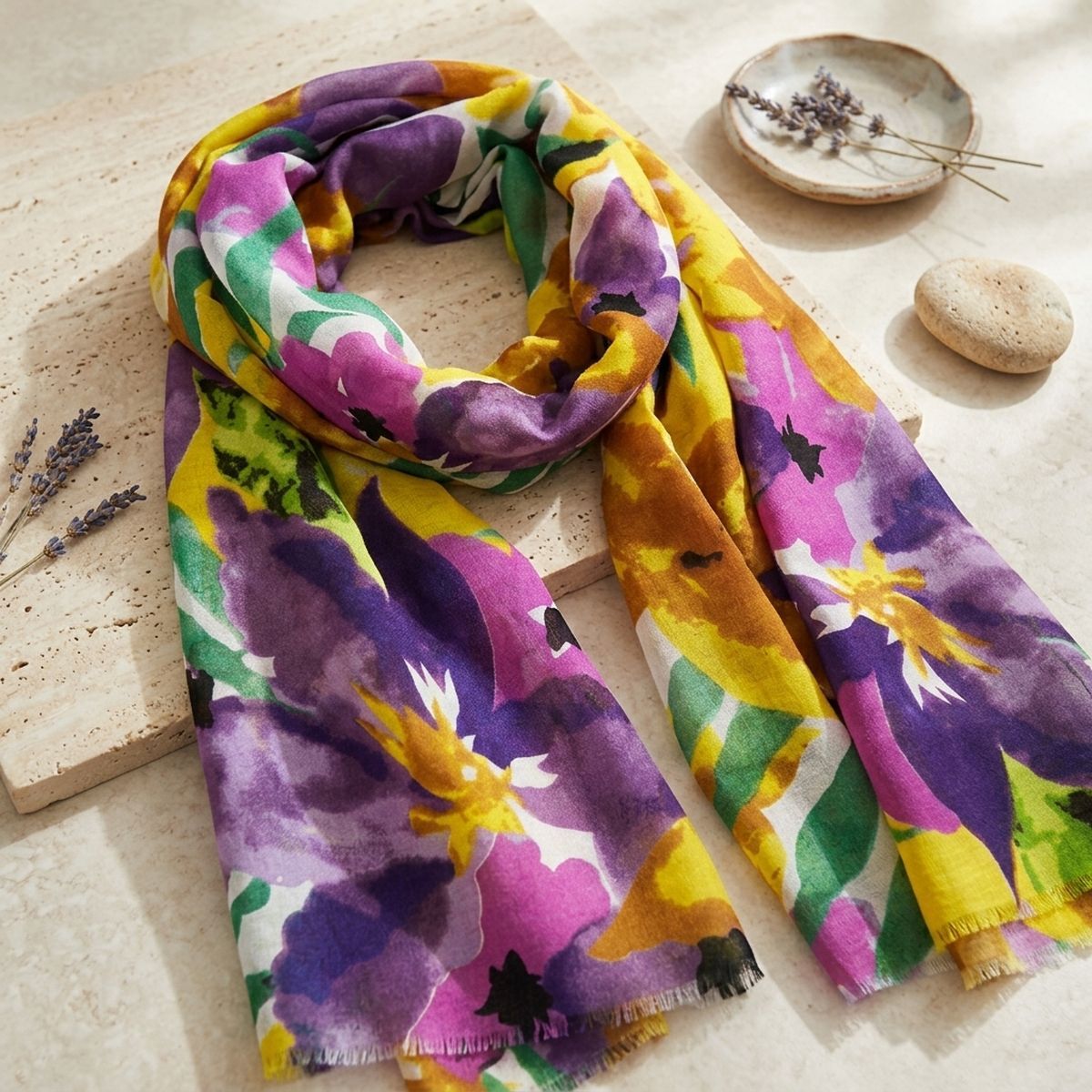 Long Purple Watercolor Floral Scarf