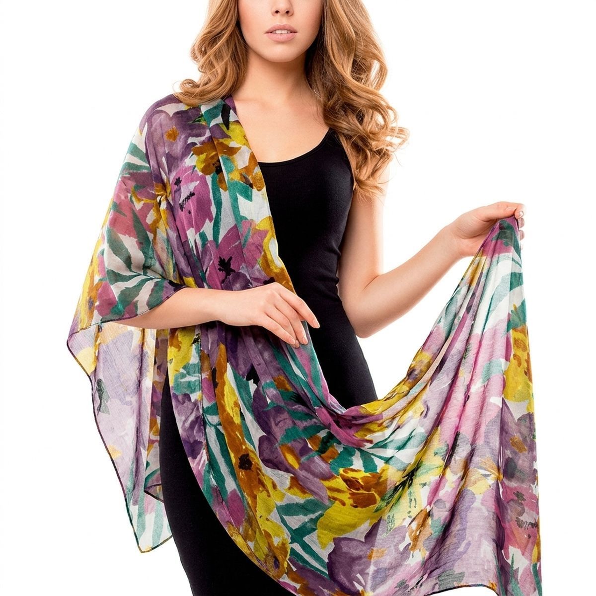 Long Purple Watercolor Floral Scarf