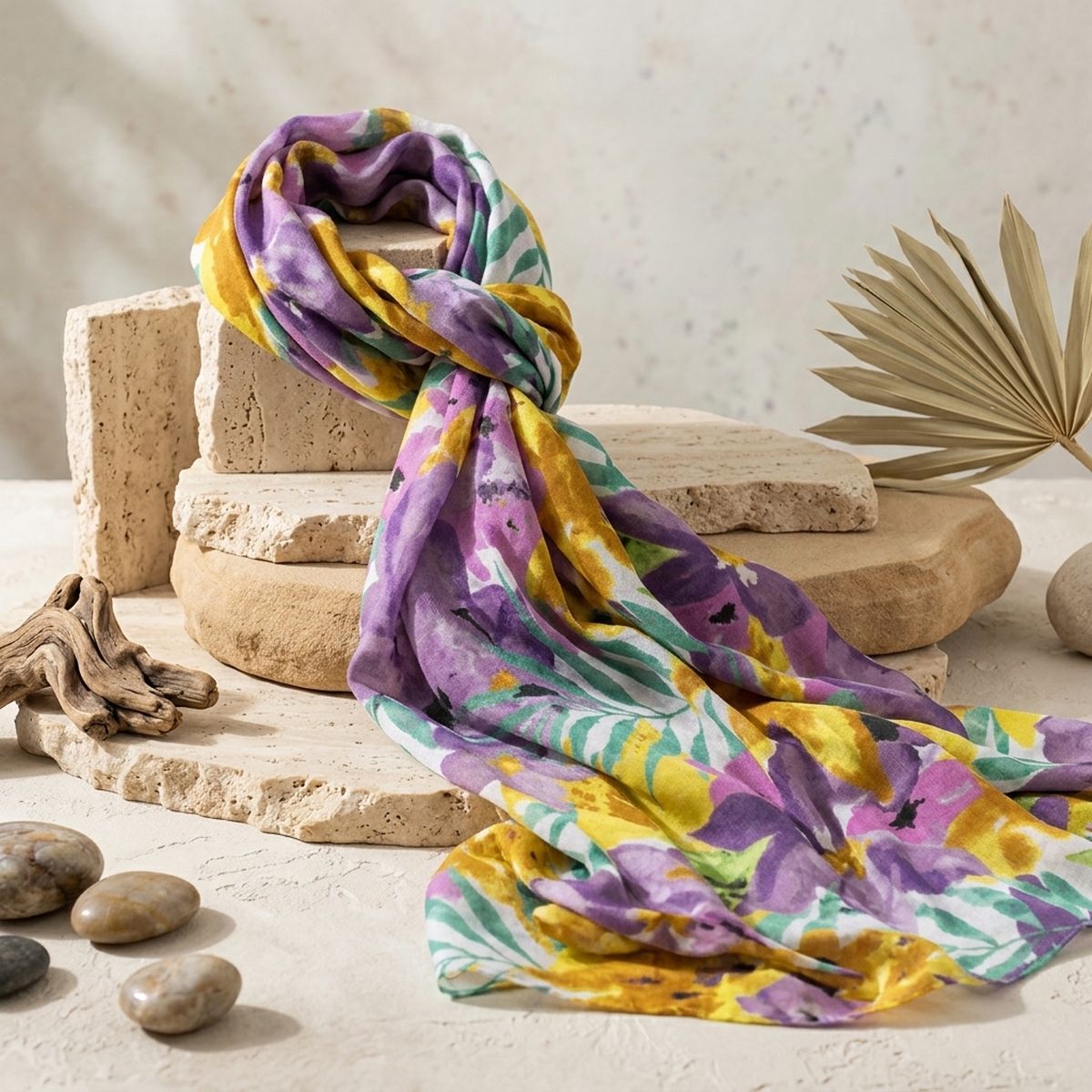 Long Purple Watercolor Floral Scarf