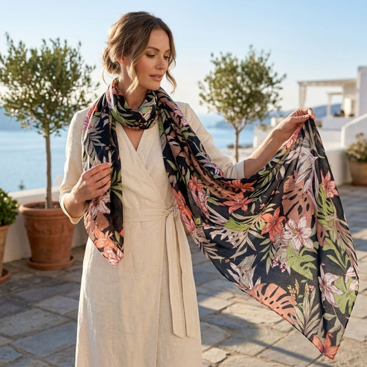 Long Black Palm Leaf Print Scarf |74" x 35"