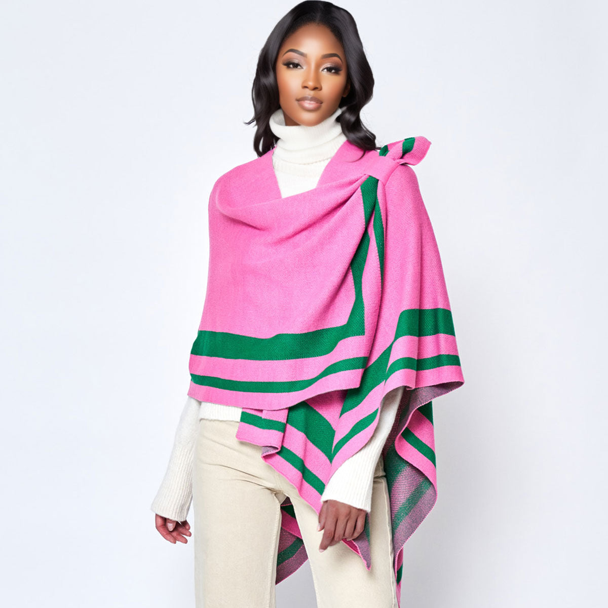 Pink Green Shoulder Ruana - Premium Wholesale Fashion Accessories from Pinktown - Just $44! Shop now at chiquestyles