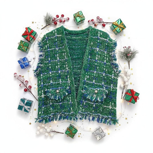 Silver Threaded Luxe High Quality Tweed Green Vest